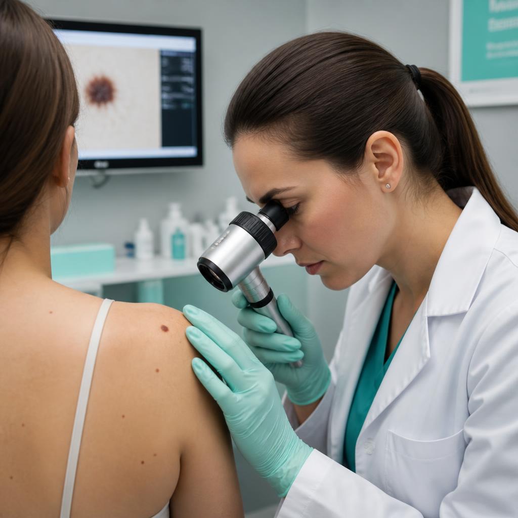 Dermatologista examinando pinta com dermatoscópio