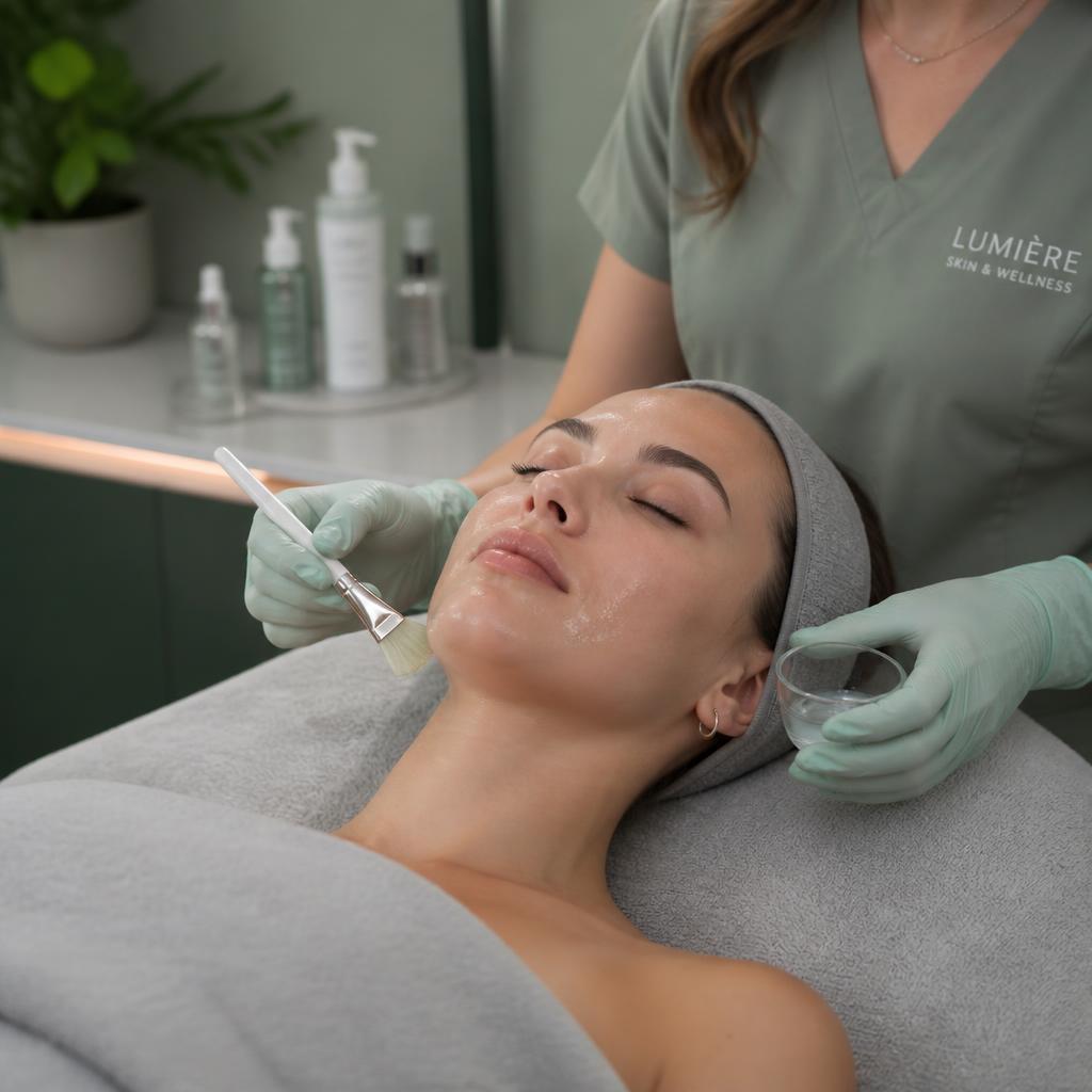 Aplicação de peeling químico com pincel no rosto da paciente